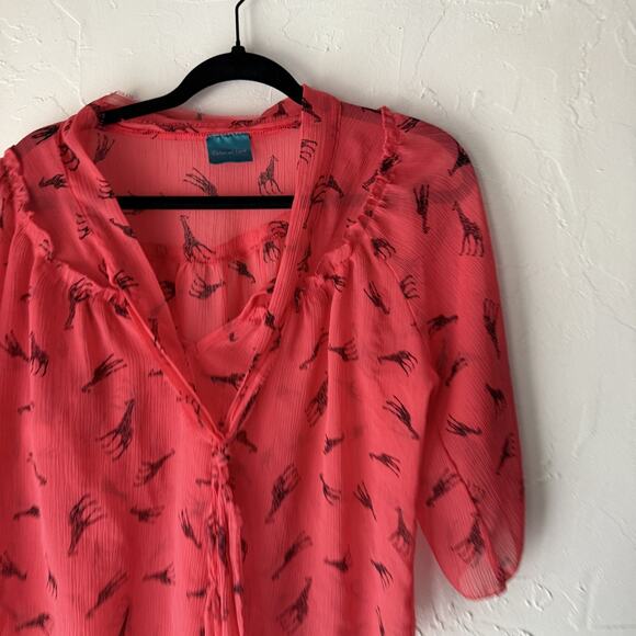 Color of Love Blouse Womens Medium‎ Red Sheer Giraffe Print Boho Peasant Top Tie - Picture 2 of 9
